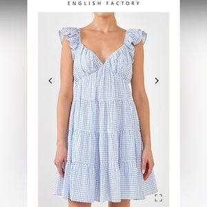 ENGLISH FACTORY NWT medium gingham printed blue & white tiered mini dress